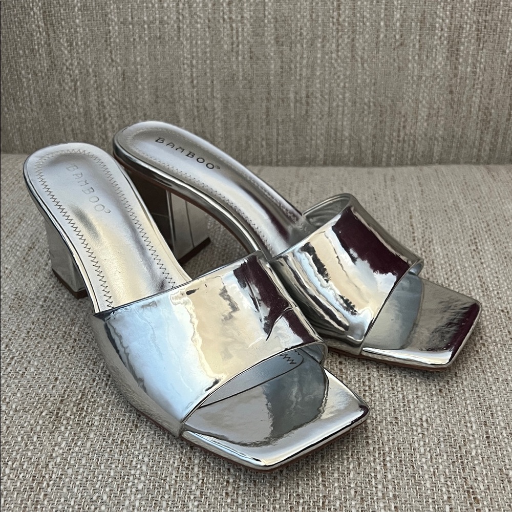 BAMBOO Shiny Silver Block Heel Mules